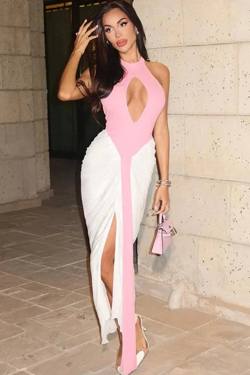 Glorol - Backless Patchwork Off-Shoulder Sleeveless Split Maxi Dress