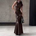 Glorol - PU Leather Patchwork High Waist Sleeveless Maxi Dress