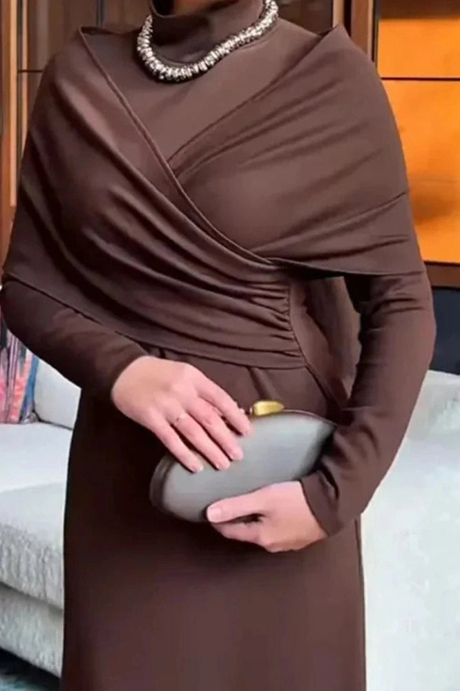 Glorol - Elegant High Waist Long Sleeve Slim Pleated Irregular Maxi Dress