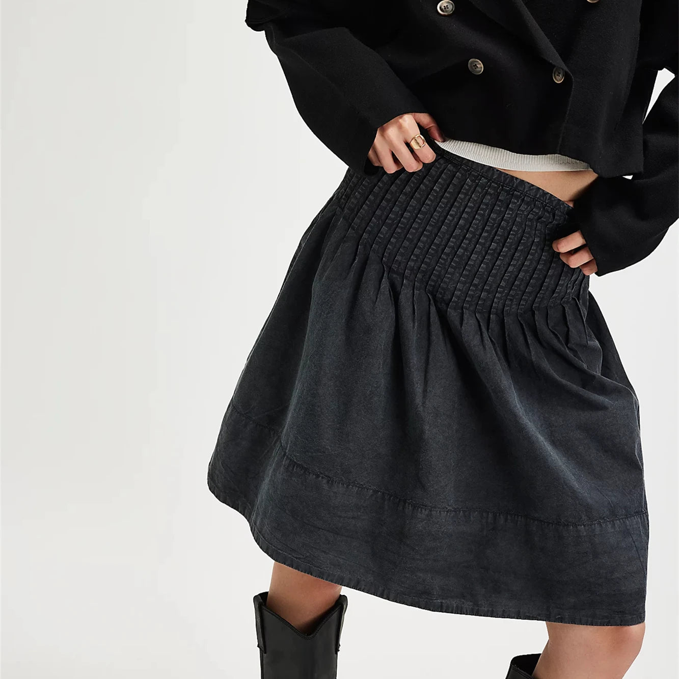 Glorol - Pleated Side Zipper High Waist Loose A-line Skirt