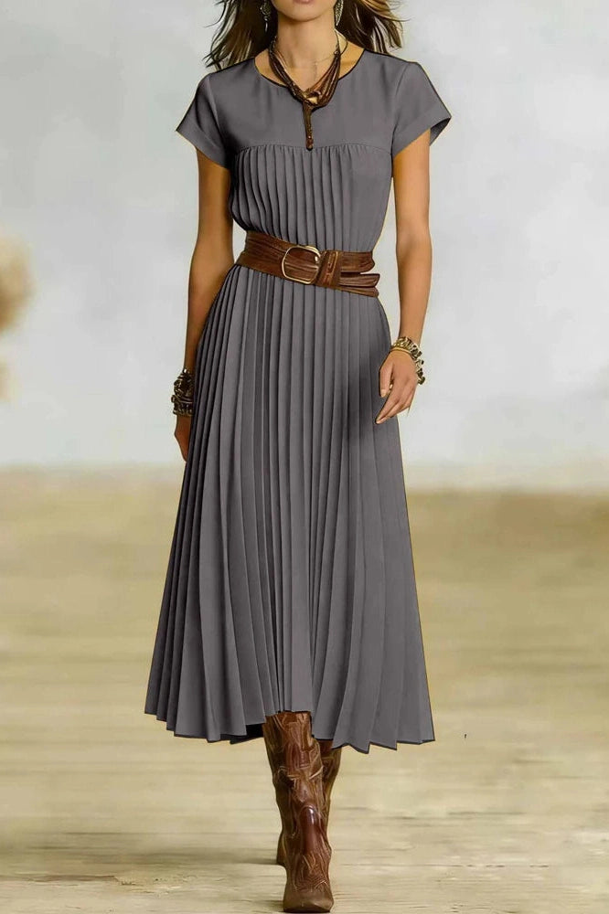 Glorol - O-Neck Short Sleeve Pleated Loose High Waist Midi Dress
