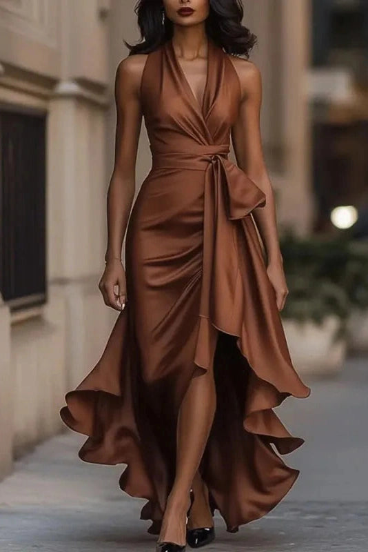 Glorol - Lace Up Off Shoulder V-Neck Slim Pleated Irregular Maxi Dress