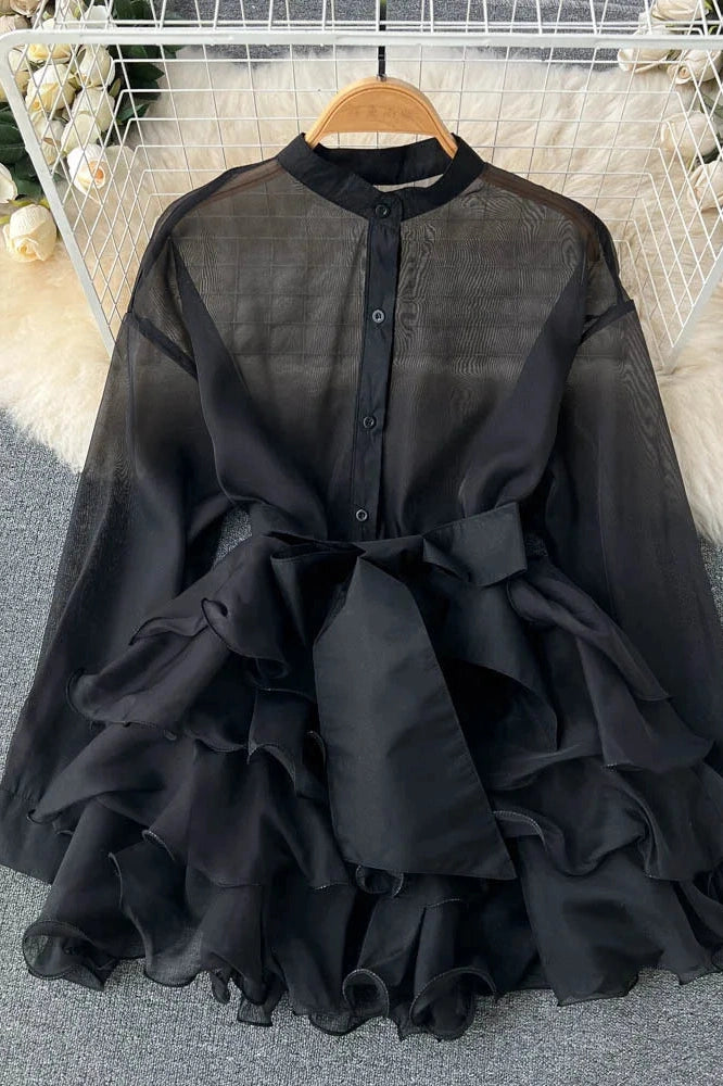 Glorol - Elegant Mesh Long Sleeve Mini Dress