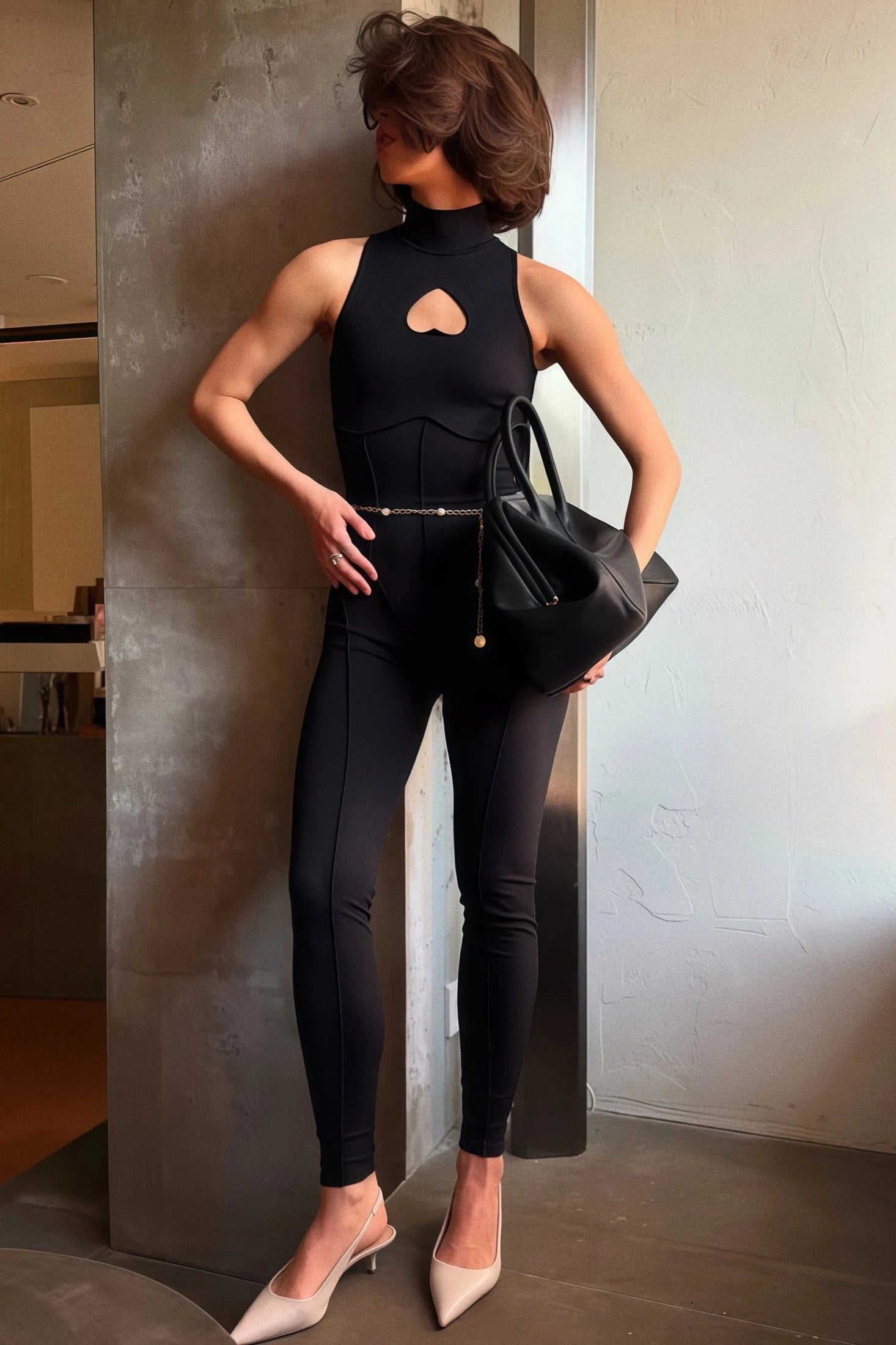 Glorol - High Neck Sleeveless Heart Cut Out Jumpsuit