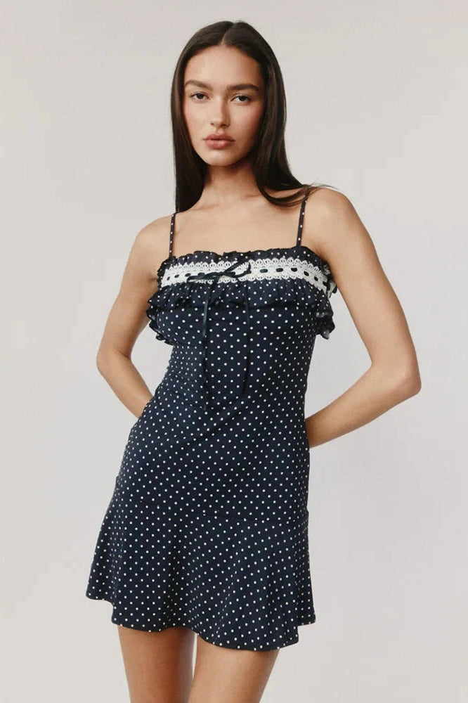 Glorol - Spaghetti Strap Polka Dot Off-Shoulder Sleeveless Backless Mini Dress