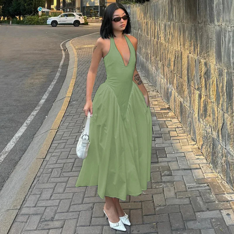 Glorol - Deep V Neck A-Line Pleated Midi Dress
