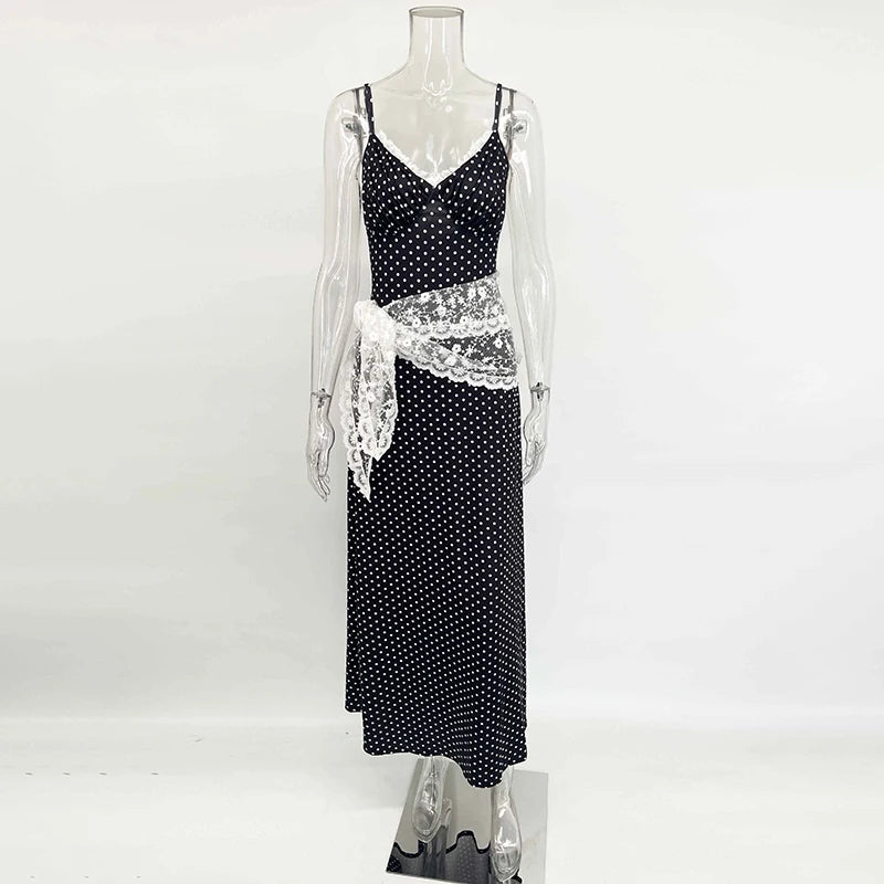 Glorol - Polka Dot Deep V Neck Lace Slim Maxi Dress