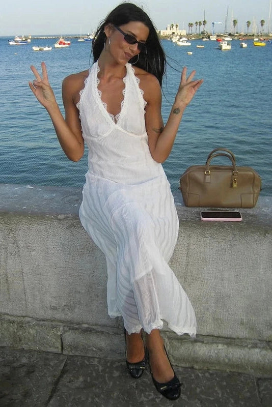 Glorol - Deep V-Neck Lace Sleeveless Backless Midi Dress