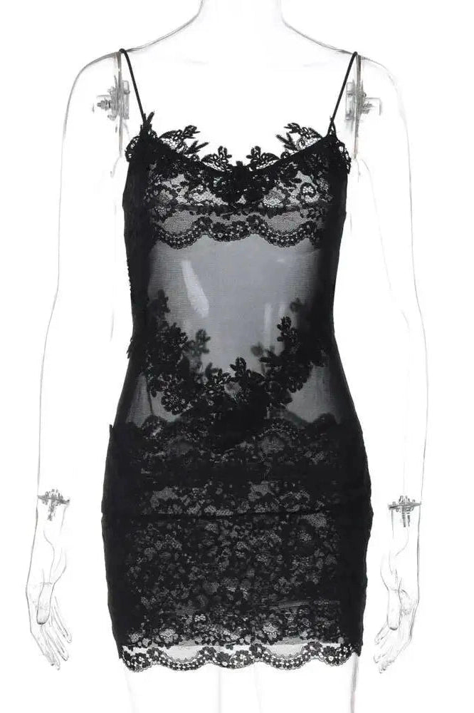 Glorol - Spaghetti Strap Lace See Through Sleeveless Backless Mini Dress