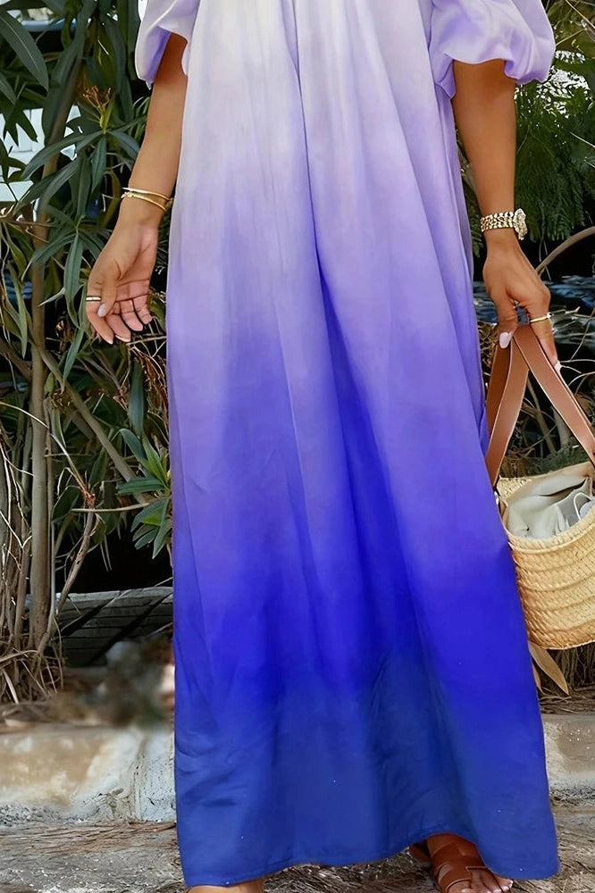 Glorol - Off-Shoulder Pleated Loose Slash Collar Printed Maxi Dress