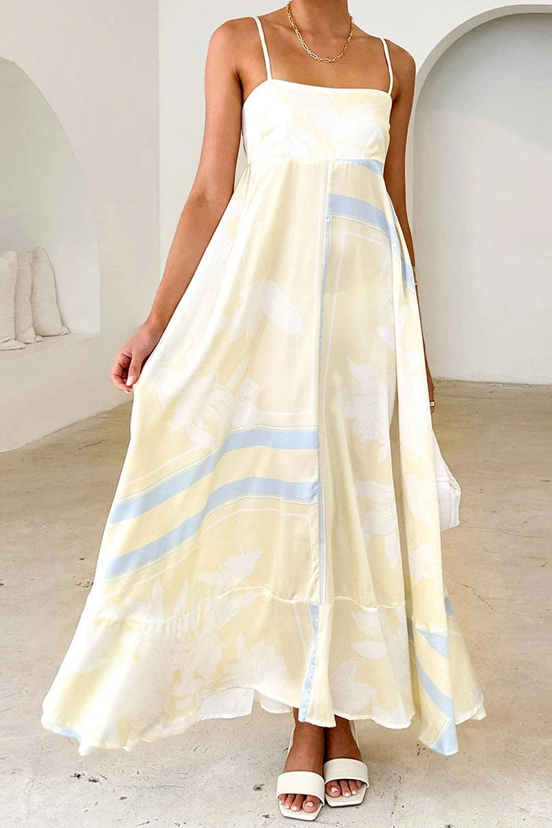 Glorol - Printed Spaghetti Strap Backless A-Line Maxi Dress