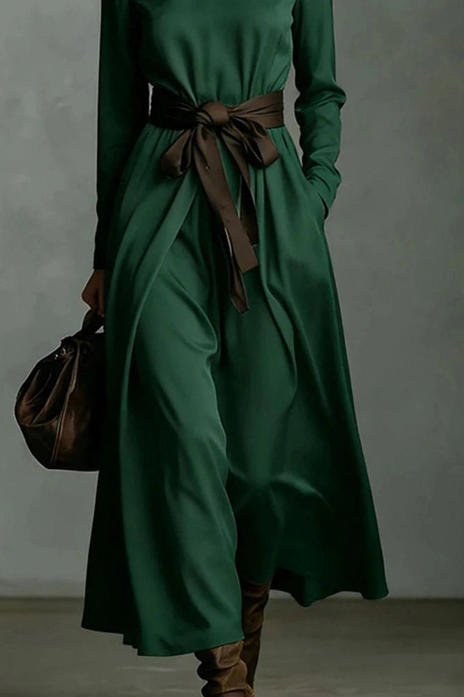 Glorol - Elegant Lace Up Pleated Turtleneck Long Sleeve Maxi Dress