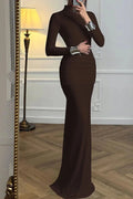 Glorol - Elegant Slim Turtleneck Long Sleeve Backless Pleated High Waist Maxi Dress