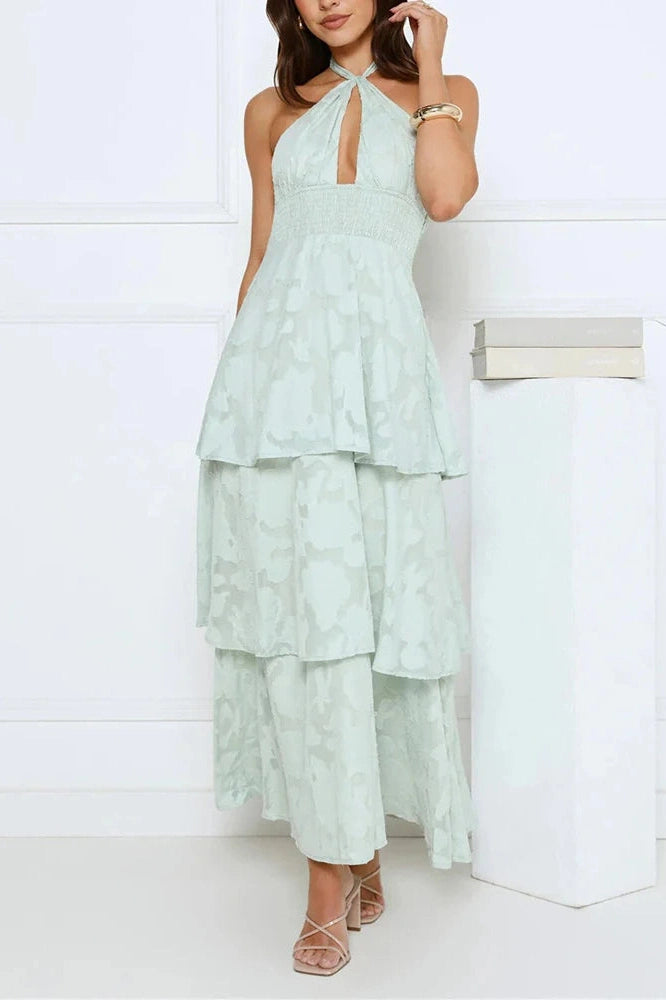 Glorol - Elegant Hollow Out Backless Tie Up High Waist Maxi Dress
