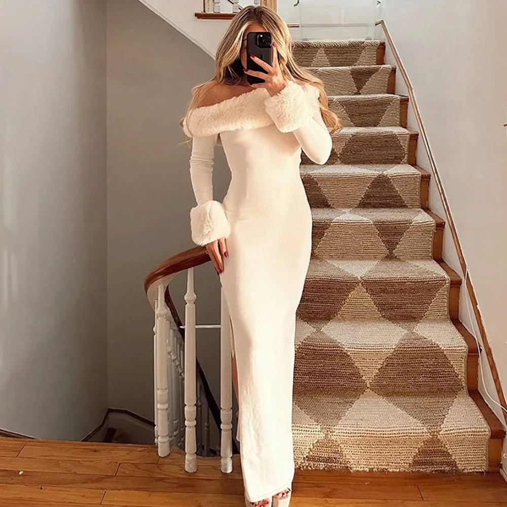 Glorol - Elegant Off Shoulder Patchwork High Waist Maxi Dress