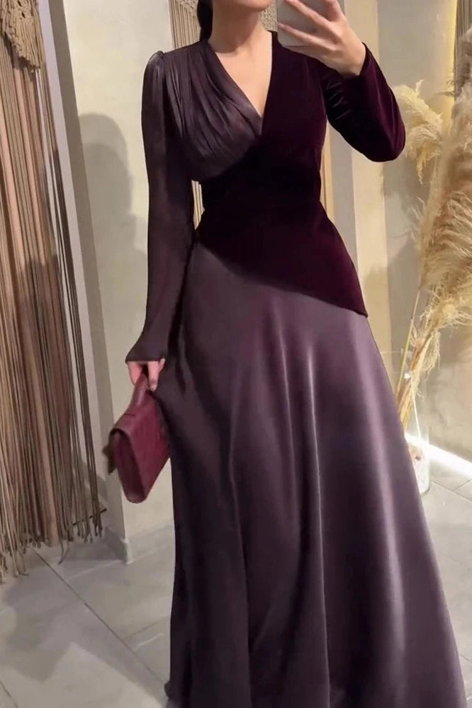 Glorol - Long Sleeve V-Neck High Waist Pleated Maxi Dress