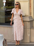V Neck Puff Sleeve High Waist Maxi Dress