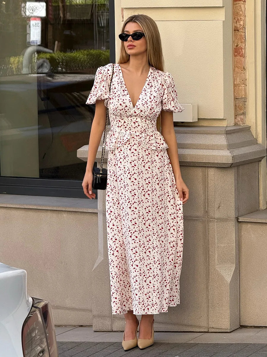 V Neck Puff Sleeve High Waist Maxi Dress