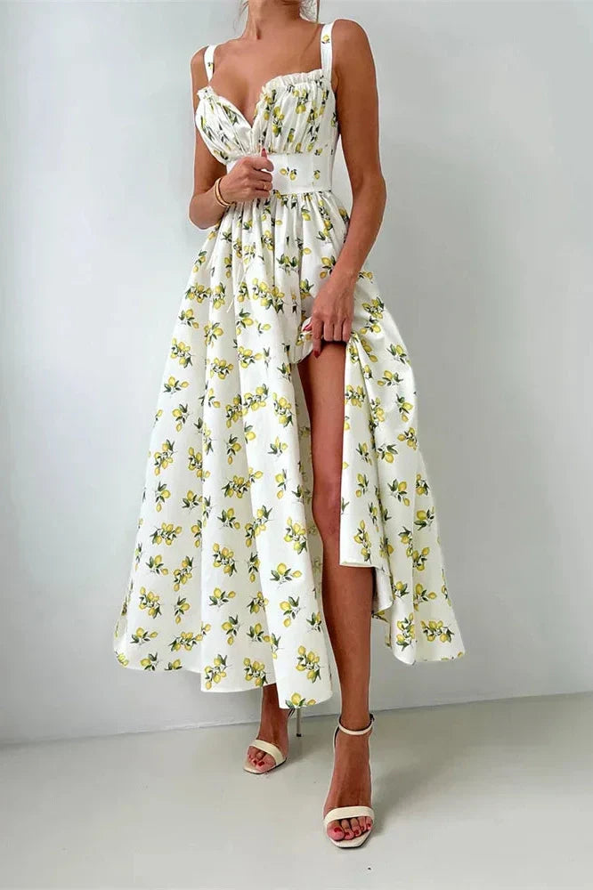 V-Neck Printed Lace-Up Sleeveless Bodycon Maxi Dress