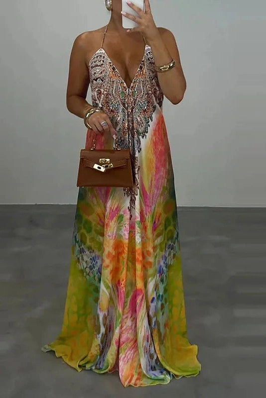 Glorol - Printed High Waist V-Neck Backless Sleeveless Loose Maxi Dress