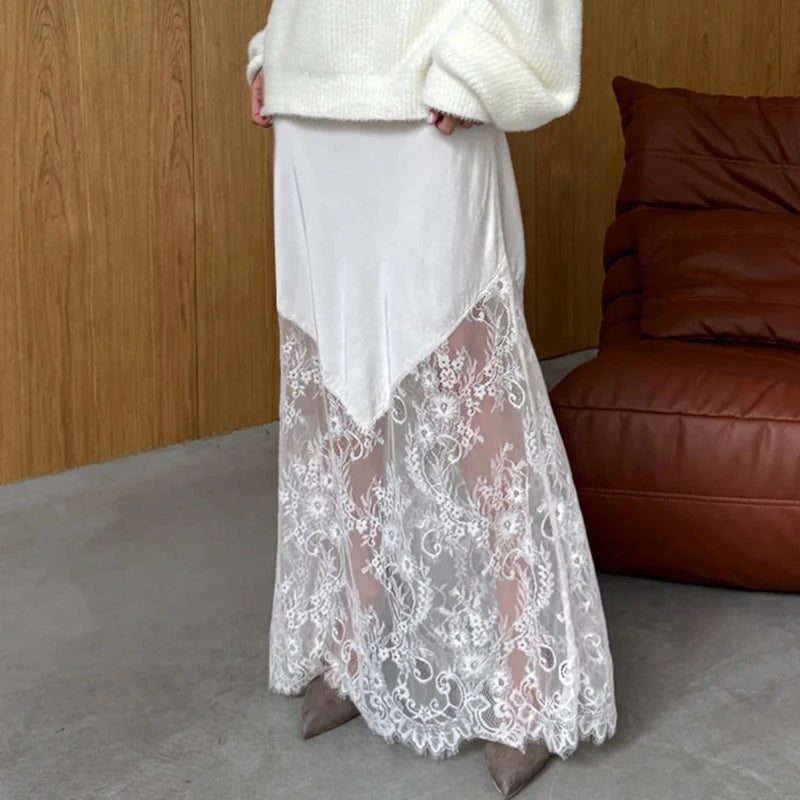 Glorol - High Waist Lace Patchwork See Through Skirt