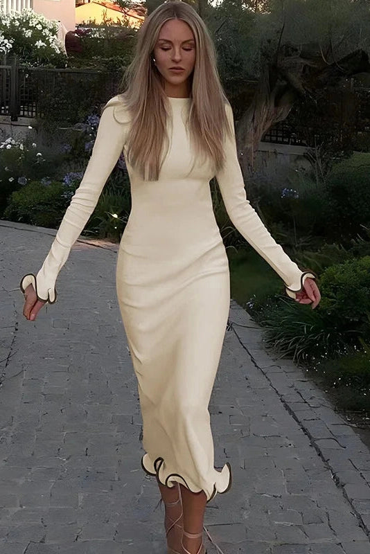 Glorol - Elegant Slim Fit Patchwork Long Sleeve Backless Midi Dress