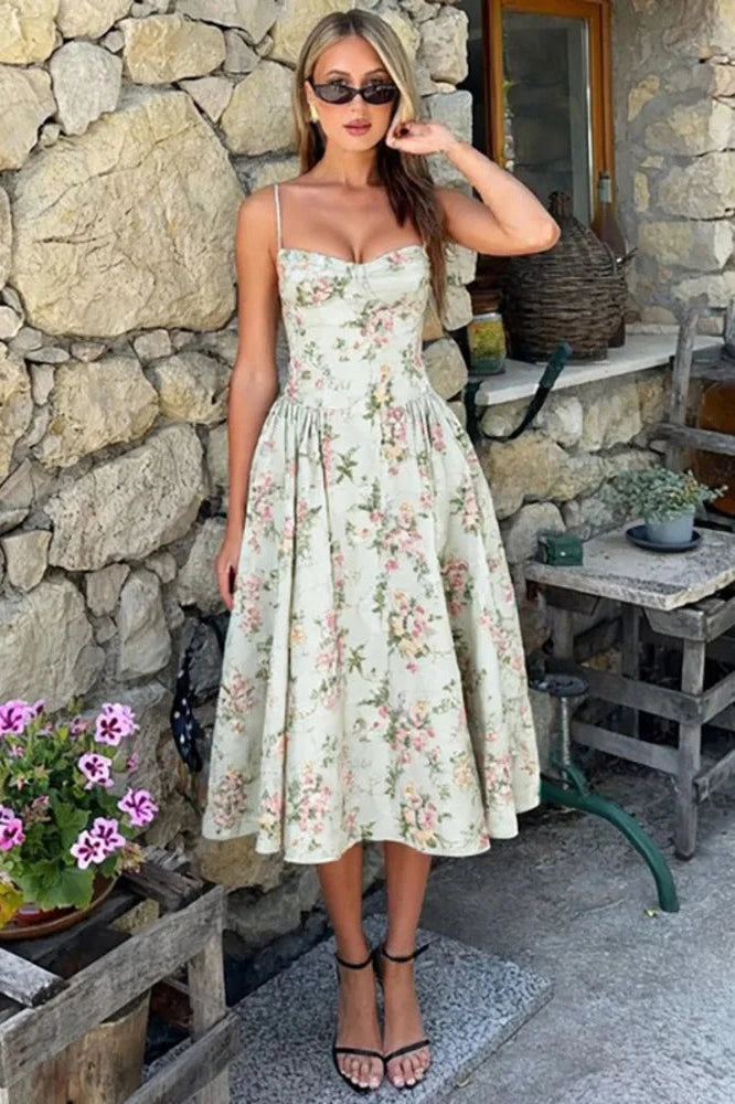 Glorol - Spaghetti Strap Printed Sleeveless A-Line High Waist Pleated Midi Dress