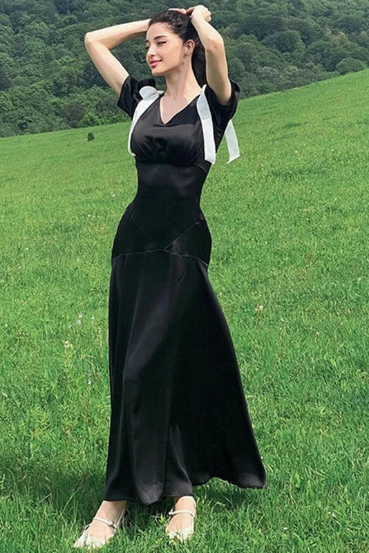 Elegant Lace Up Puff Sleeve V Neck Maxi Dress