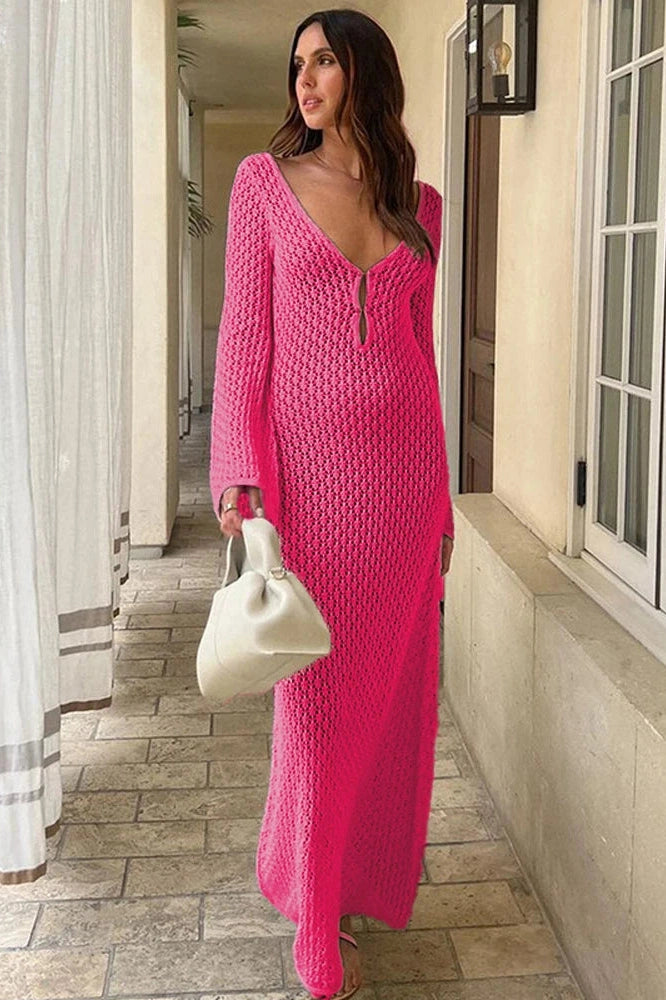 Glorol - See-Through V-Neck Backless Maxi Dress