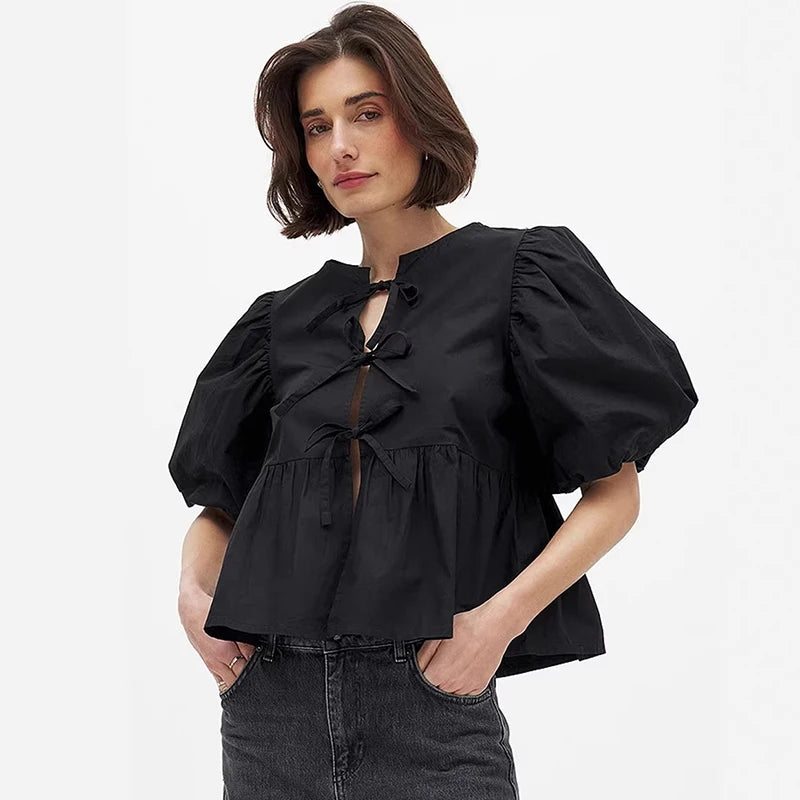 Glorol - Lace-Up Round Neck Loose Short-Sleeve Top