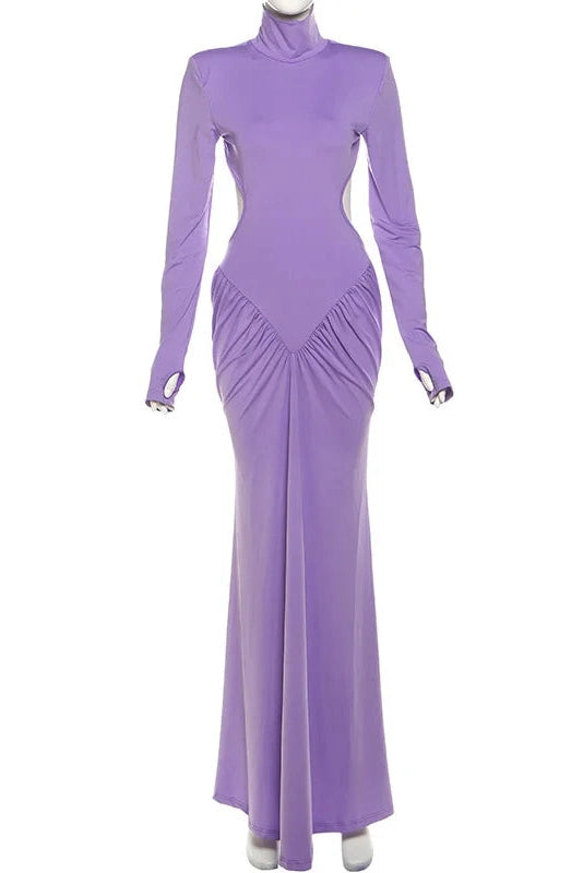 Glorol - Elegant Backless Turtleneck Long Sleeve Maxi Dress