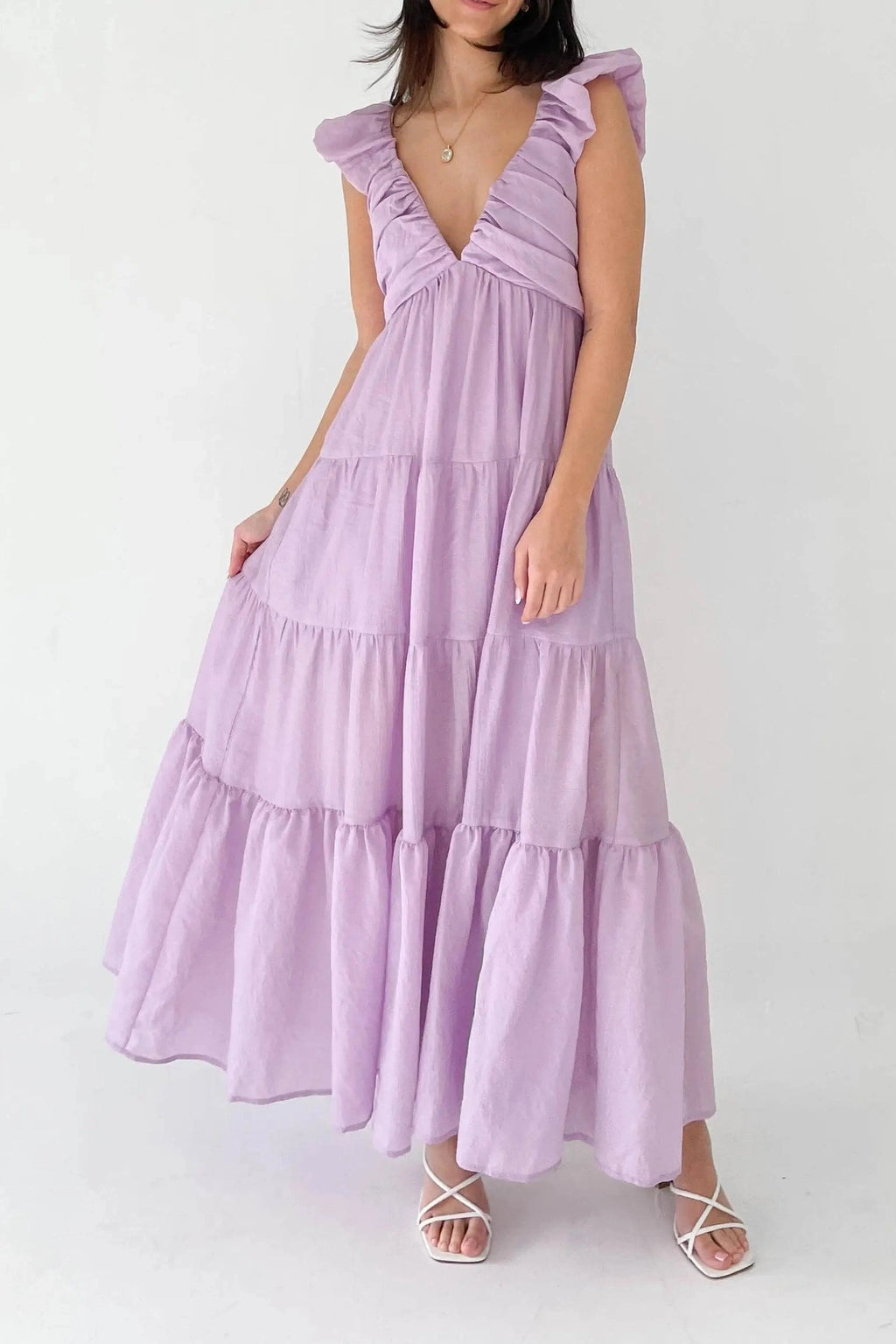 Glorol - Elegant V-Neck Loose Pleated Maxi Dress
