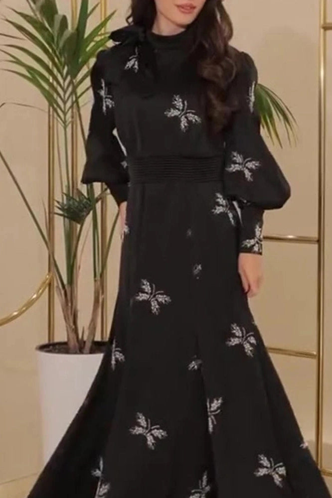 Glorol - Elegant Printed Pleated High Waist Long Sleeve Slim Maxi Dress