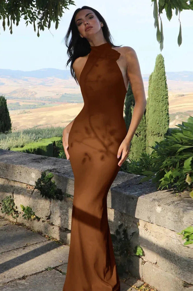 Glorol - Flower Sleeveless Halter Backless Bodycon Maxi Dress
