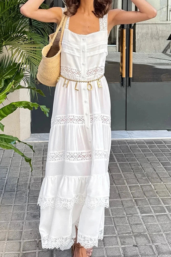 Glorol - Hollow Out High Waist Lace Sleeveless Pleated Maxi Dress