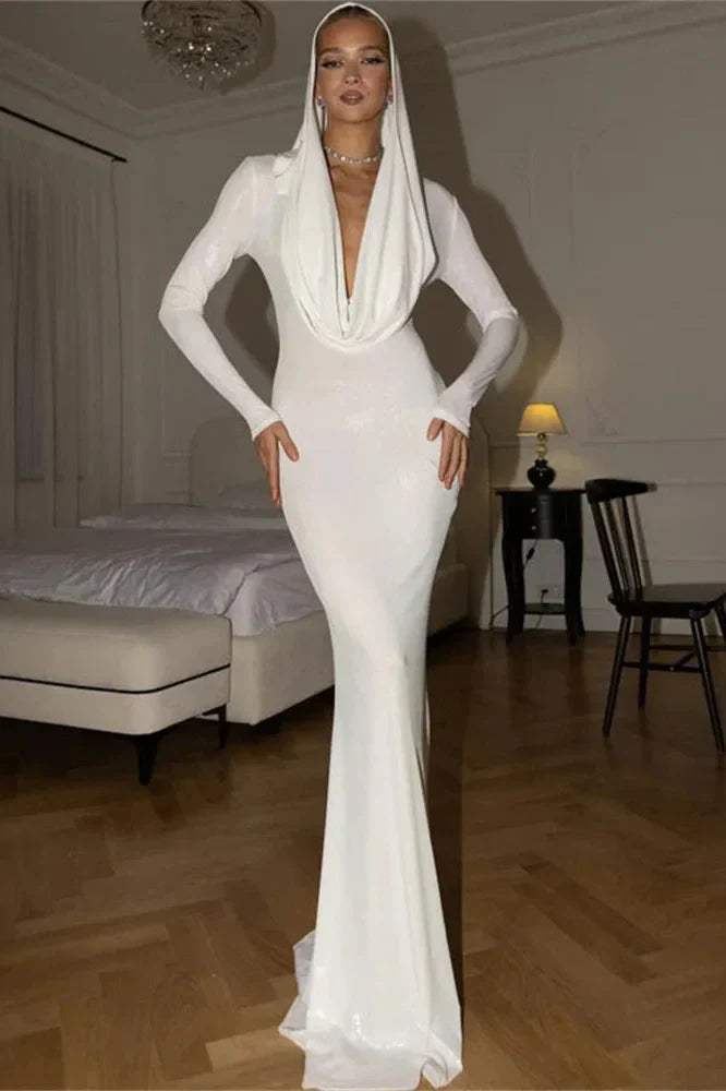 V-Neck High Waist Slim Long Sleeve Bodycon Maxi Dress