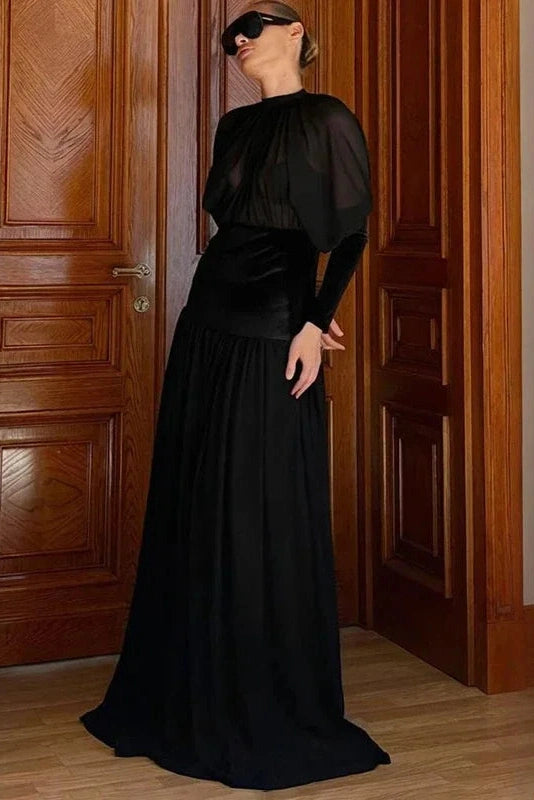 Glorol - Elegant Round Neck Long Sleeve High Waist Slim Maxi Dress