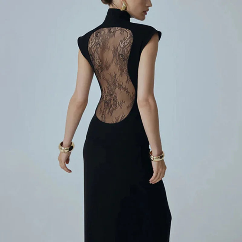 Glorol - Hollow Out High Neck Patchwork Backless Maxi Dress
