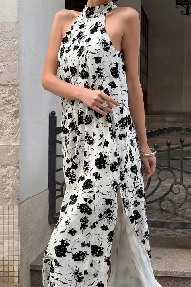 Glorol - Printed Backless Sleeveless Slim Lace-Up Maxi Dress