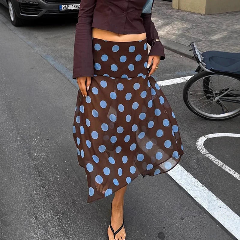 Glorol - High Waist Irregular Polka Dot Mesh Skirt
