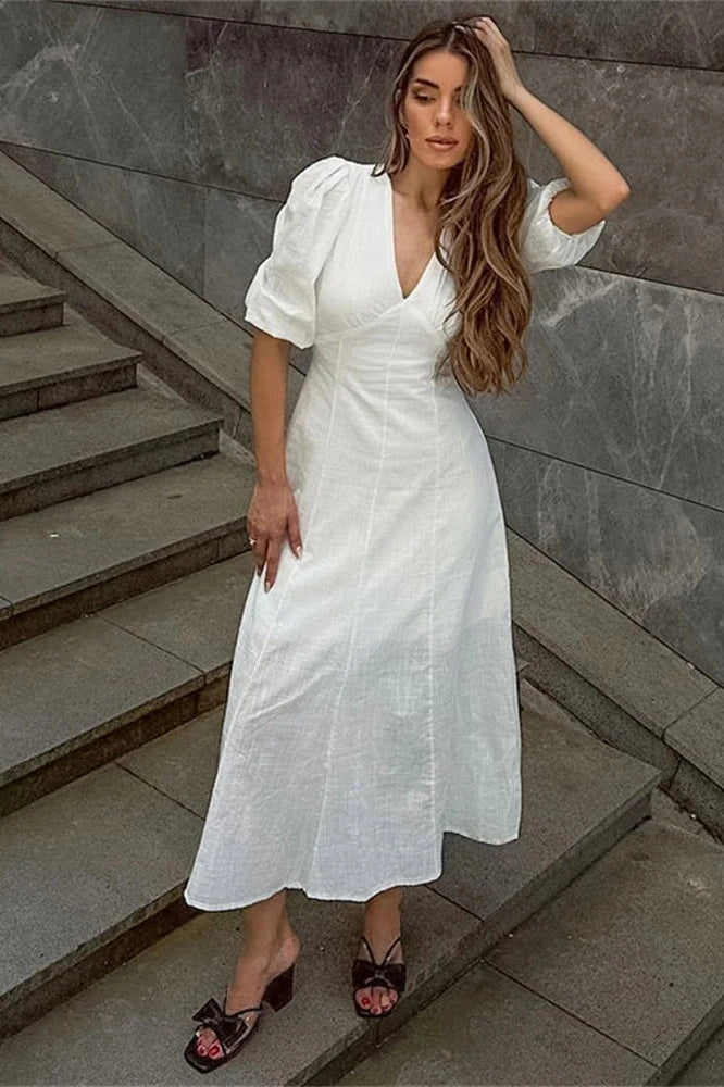 Glorol - Backless Short Sleeve Slim V-Neck High Waist Midi Dress
