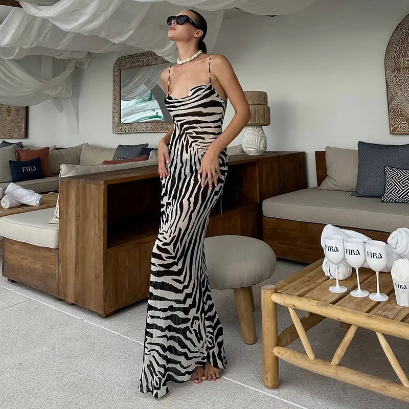 Glorol - Printed  Spaghetti Strap Lace Up Maxi Dress
