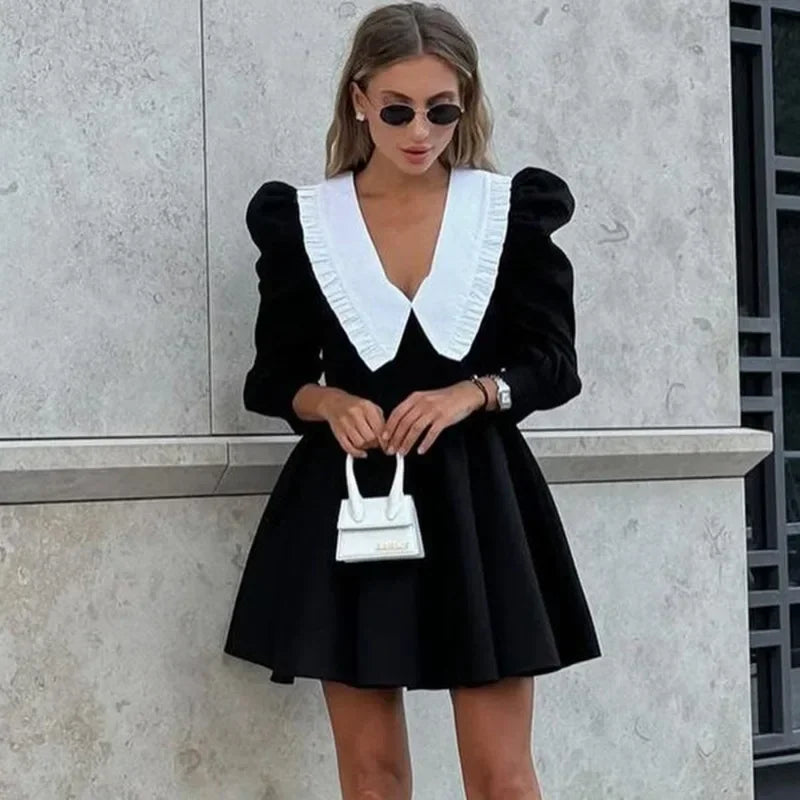 Glorol - Patchwork Long Sleeve Pleated Mini Dress