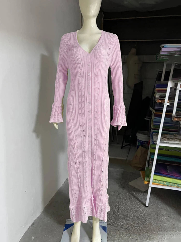 Glorol - Hollow Knitted Long Sleeve Maxi Dress