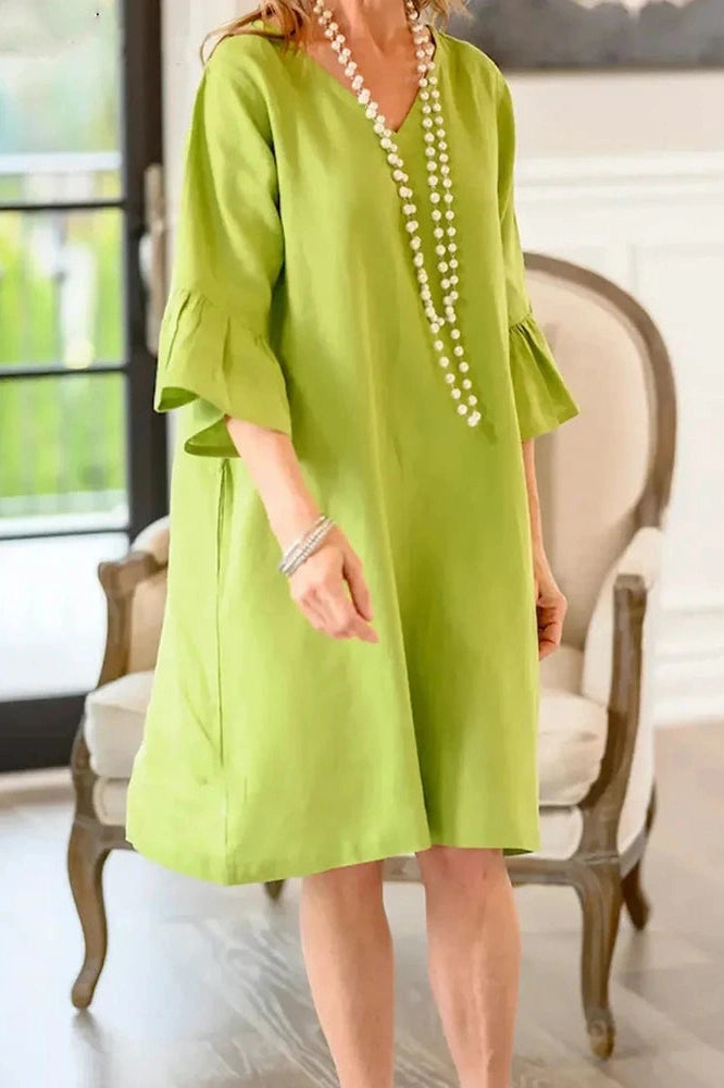 Glorol - Half Sleeve V-Neck Loose Pleated A-Line Mini Dress