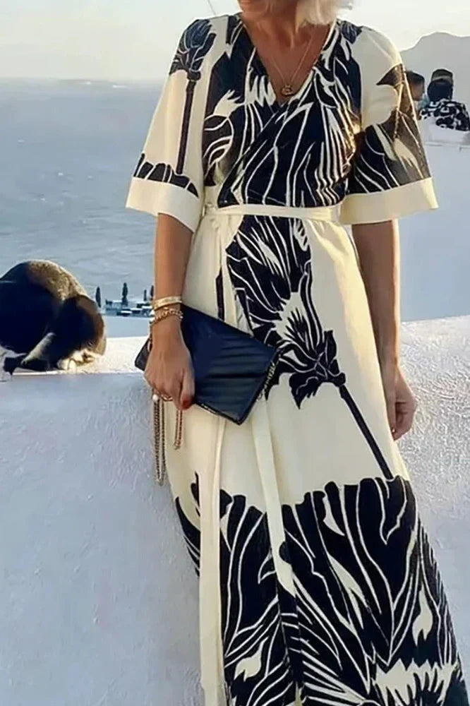 V-Neck Short Sleeve Pleated Printed Maxi Dress