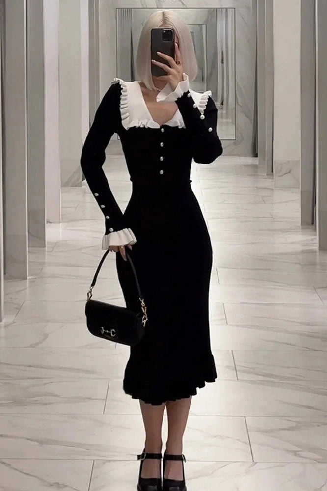 Glorol - Patchwork Knit Long Sleeve Slim Midi Dress