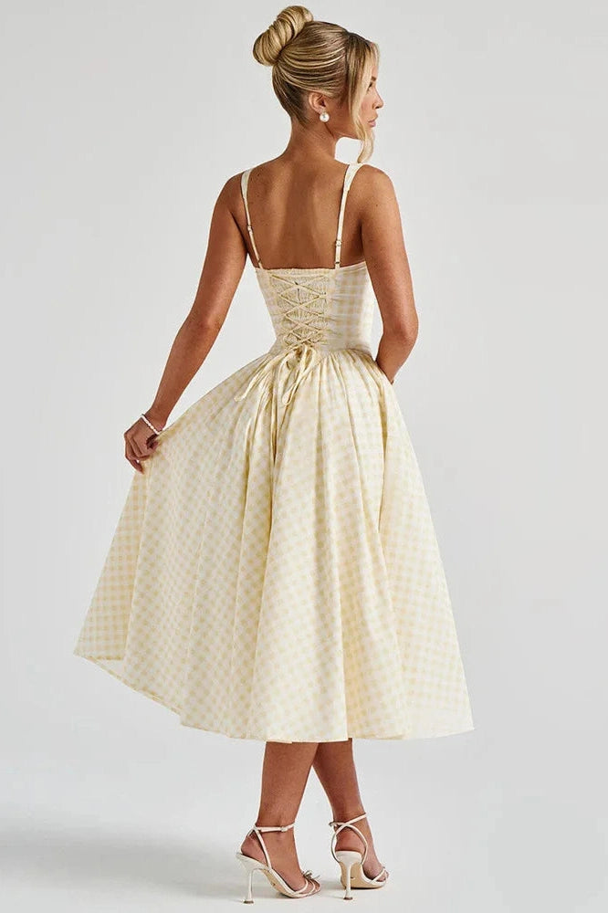 Glorol - Plaid Printed Spaghetti Strap High Waist A-line Backless Midi Dress