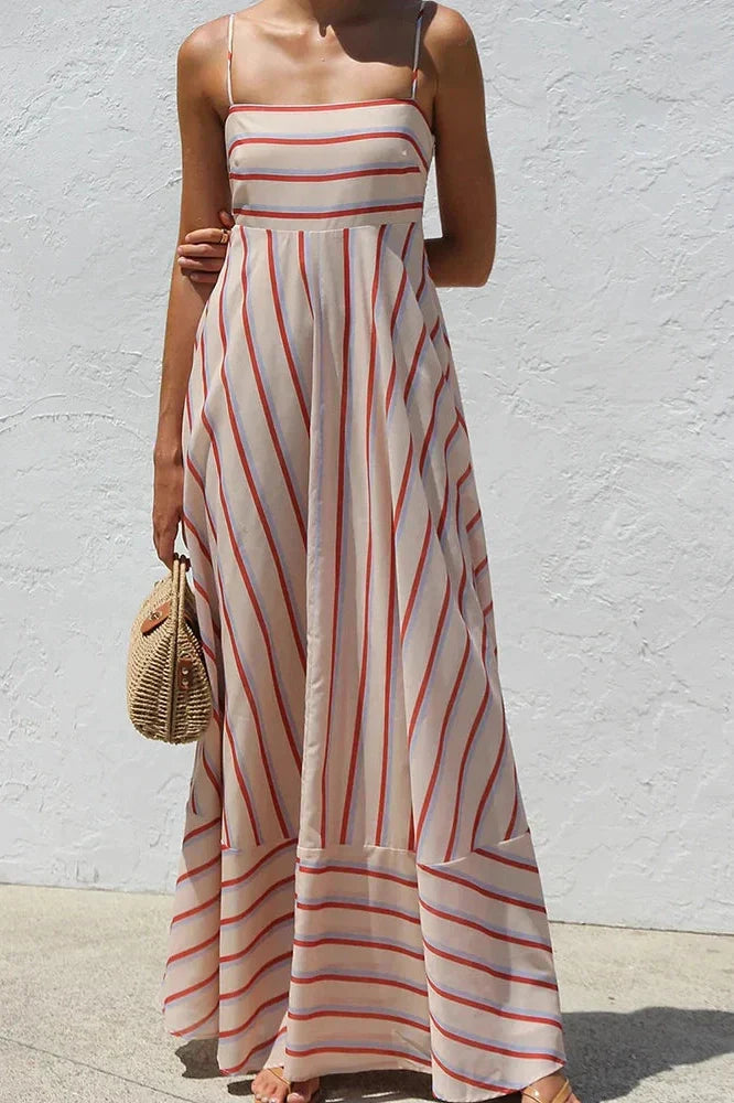 Stripe Printed Sleeveless Pleated High Waist Maxi Dress