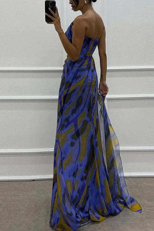 Glorol - Sleeveless Backless High Split Printed One Shoulder Maxi Dress